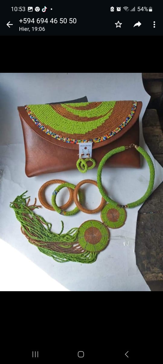 Leather beaded clutch bag with matching necklace and bracelets